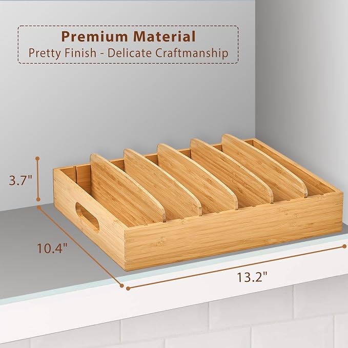 Large Bamboo Food Container Lid Organizer for Kitchen Cabinet | Adjustable slots - Premium bamboo, pretty color - Sturdy versatile caddy for snack, spice in drawer - Anti-Skid Silicone Pads - Image 2