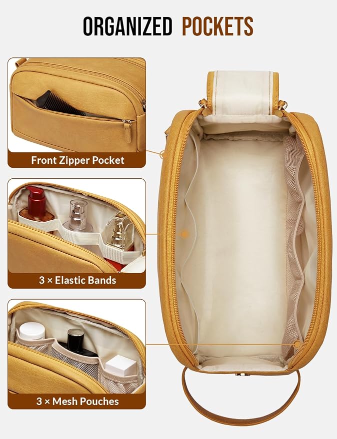 PU Leather Toiletry Bag for Men - Water Resistant Travel Bag for Toiletries, Bathroom Essentials, Accessories - Yellow - Image 3