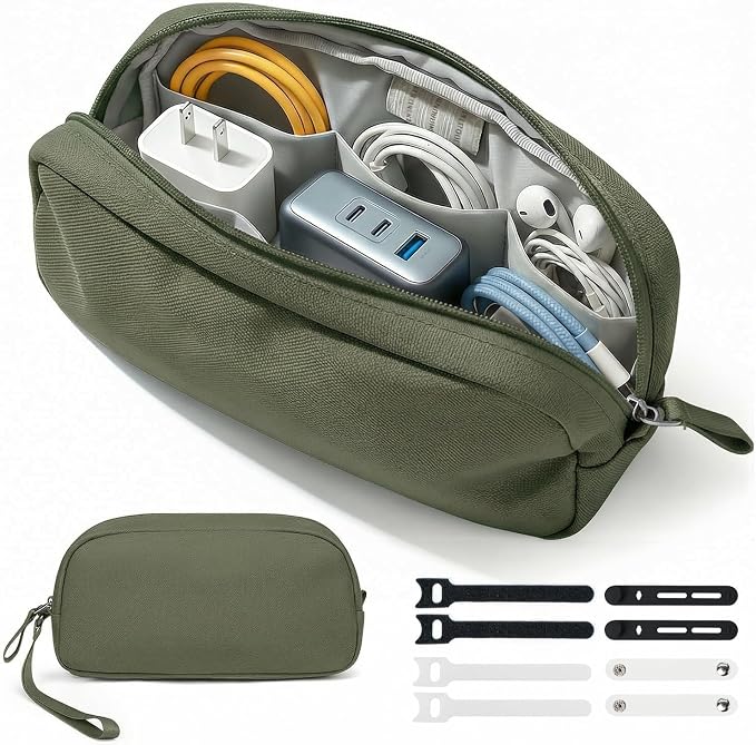 Waterproof Tech Organizer Bag for Cables & Chargers, Army Green | Features 8 compartments for 3ft+ cords, padded lining for protection, and 8 cable ties. 8.66x5.12x2.36 inches. by Woyinger