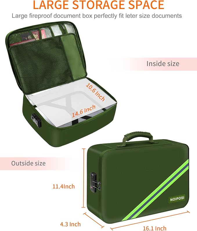 5200℉ Fireproof Document Box with Lock 16.1"x11.4"x4.3" | Portable ,Home ,Travel Water Resistant Document Storage Organizer with for Important Documents and File ,Green - Image 6