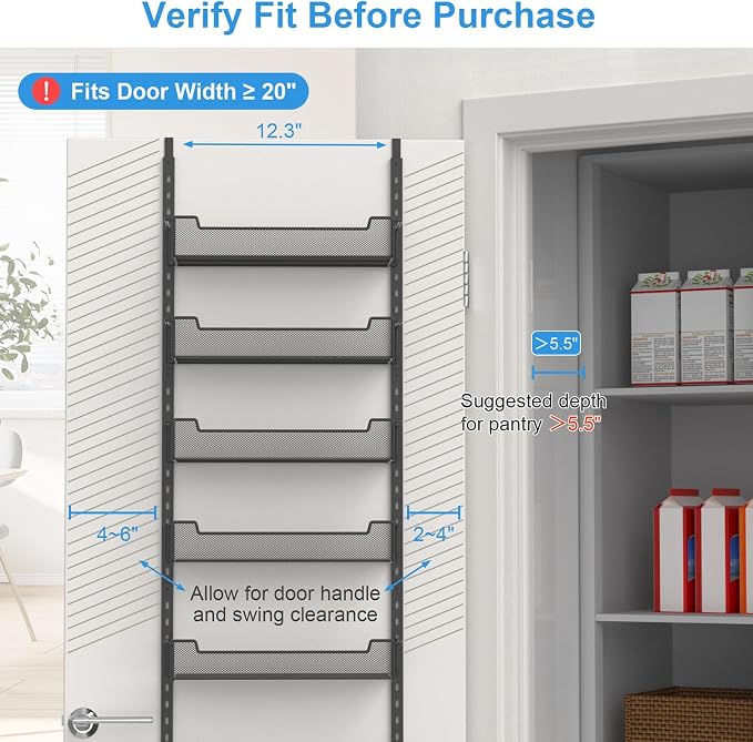 VyGrow 12.3" W Narrow Over the Door Pantry Organizer, 6-Tier Over the Door Organizer with Adjustable Basket, Pantry Door Organization for Pantry Kitchen Storage Room Spice Rack, Black - Image 4
