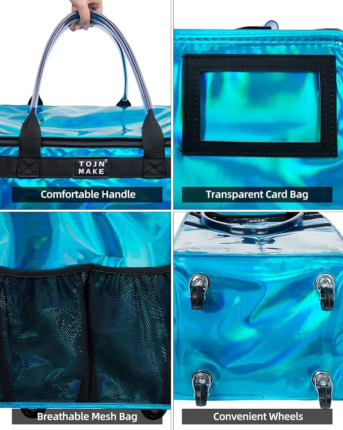 Reusable Grocery Bag with Wheels, Large Glitter Blue Rolling Tote | 8 Pockets, Zipper Cover, Foldable for Women, Kitchen, Travel, Carries Up to 76LBS - Image 8