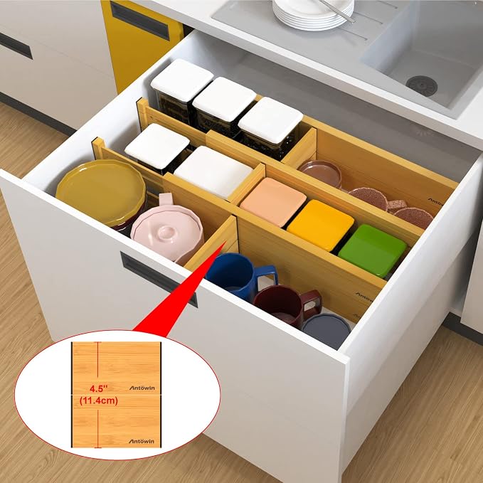 Bamboo Drawer Dividers Organizers, Drawer Separators Splitter,17-22 inches Long Adjustable Spring-loaded Organizer for Large Utensil, Clothes, Tools Drawers(yellow) - Image 9
