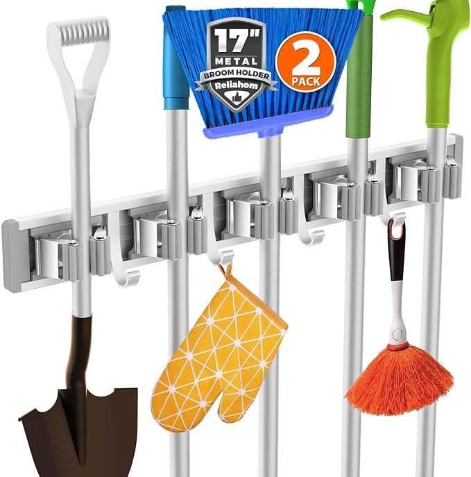 reliahom Broom Holder Wall Mount Mop Hanger Tools organizer 5Racks4Hooks,2P | Adjustable Mop Broom Wall Hanging Heavy Duty Tools Storage Rack Space-saving for Garage,Kitchen,Laundry Room,Garden, Silver by reliahom