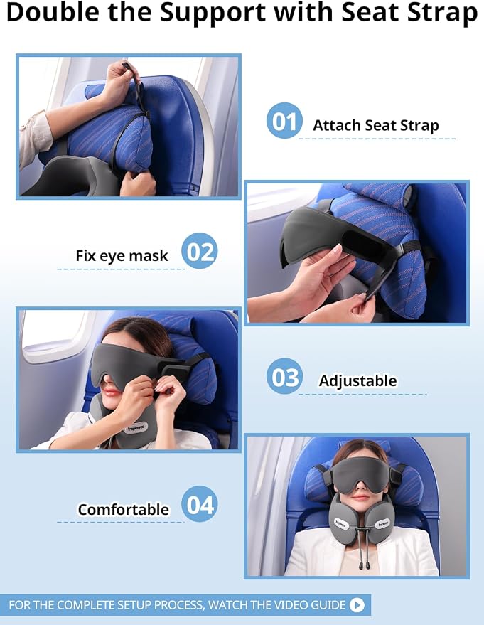 Travel Neck Pillow Seat Strap System, Long Flight Stable Support | High Supportive Foam Airplane Pillow, 3D Sleep Mask, 360° Headrest, Sleep Support Essential, Stop Head Bobbin, Light Grey - Image 7