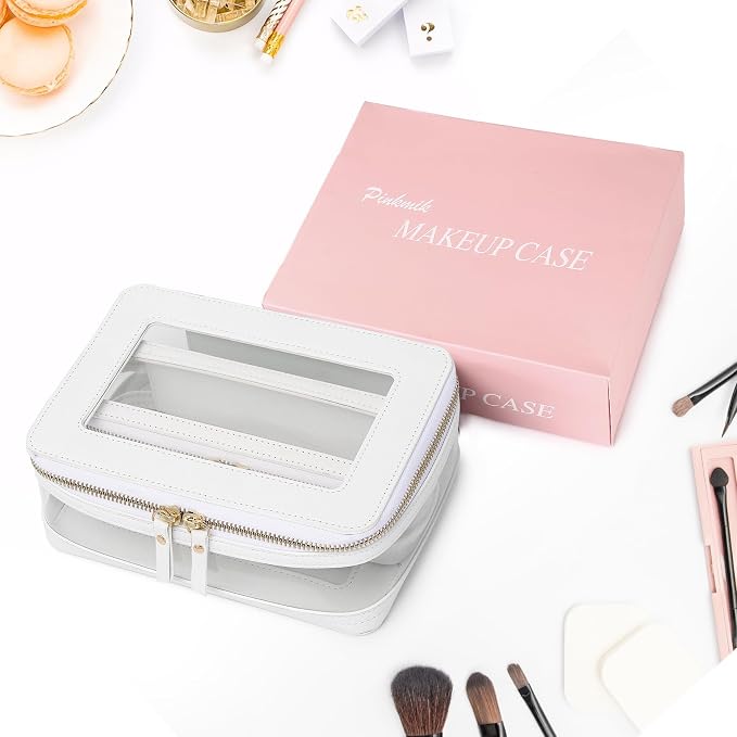 Pinkmik Clear Makeup Bag with Brush Case Travel Toiletry Bag Waterproof Cosmetic Organizer Car Essentials for Women (White,M+SLIM-1) - Image 7