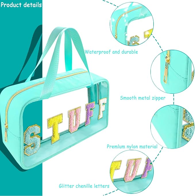 Bunliuys Chenille Letter Clear Makeup Bag with Stuff Patch, Travel Toiletry Makeup Bag with Handle, Nylon Waterproof Cosmetic Bag, Preppy Patch Makeup Bag for Women (Light Blue) - Image 3