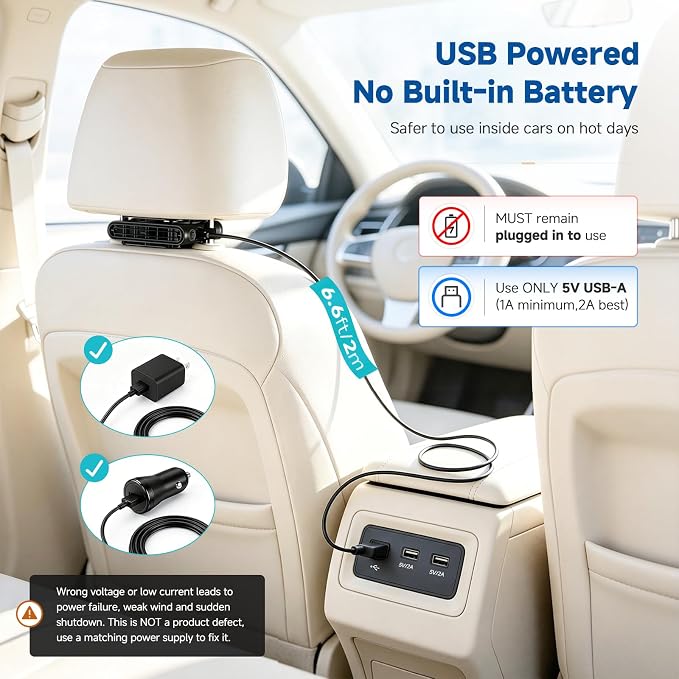 ElfTrip Car Seat Fan with Dual Air Outlets, Corded USB Car Fans for Kids for Driver Passenger, Stronger 3 Speeds, Forward or Backward Airflow, Fits in Most Car SUV (1 Pack No-Recharge Plug-in to Work) - Image 4