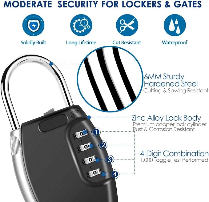 Lockbox Portable, Key Safe Storage Box Alloy, Realtor's Hanging 4 Digits Combination Lock Box Waterproof, Metal Resettable Key Hider for Home, House Keys, Vacation Rentals-Black - Image 4