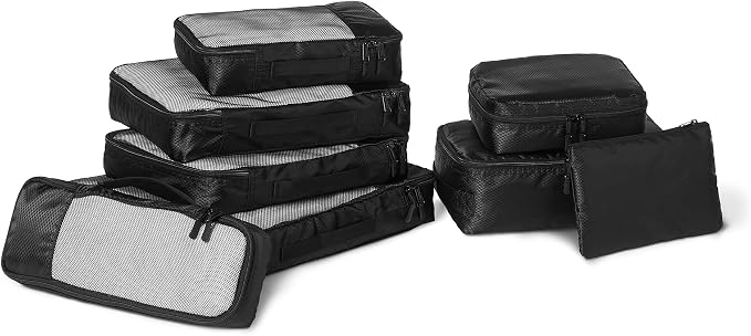 Amazon Essentials 8-Piece Packing Cubes Travel Accessories Set, Luggage Organiser with Double Zip, rPET Construction, Space-Saving Design, Black by AmazonEssentials