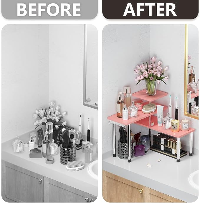 ZHWS Bathroom Counter Organizer Corner Shelf – Bathroom Organization Bamboo 3 Tier Spice Rack Makeup Organizer Bookshelf Space Saving Rack Kitchen Office Living Room (Pink) - Image 4