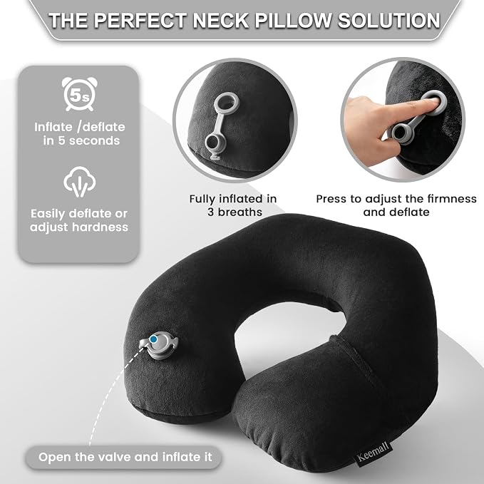 Keemall Inflatable Travel Neck & Shoulder Pillow for Airplanes & Long Trips | Ergonomic Portable Cushion Relieves Neck Pain, Quick Inflation & Deflation,for Long Flights & Business Travel, Premium Black - Image 2