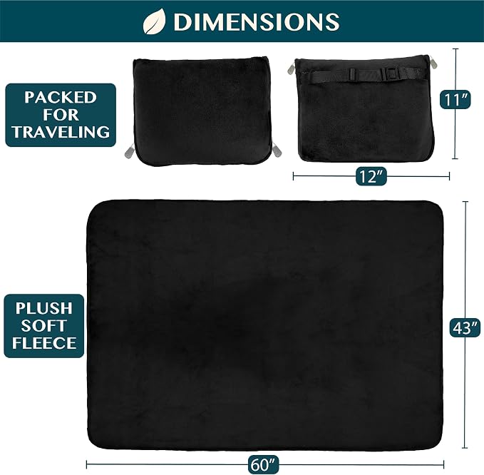 PAVILIA Travel Blanket Pillow, Soft Airplane Blanket 2-in-1 Combo Set, Plane Blanket Compact Packable, Flight Essentials Car Pillow, Travelers Gifts Accessories, Luggage Backpack Strap, 60x43 Black - Image 6