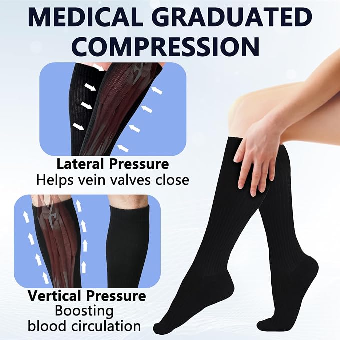 +MD Cotton Compression Socks for Women & Men 4/6 Pairs 15-20mmHg Knee High for Sports, Travel, Nursing Long Sitting Standing - Image 2