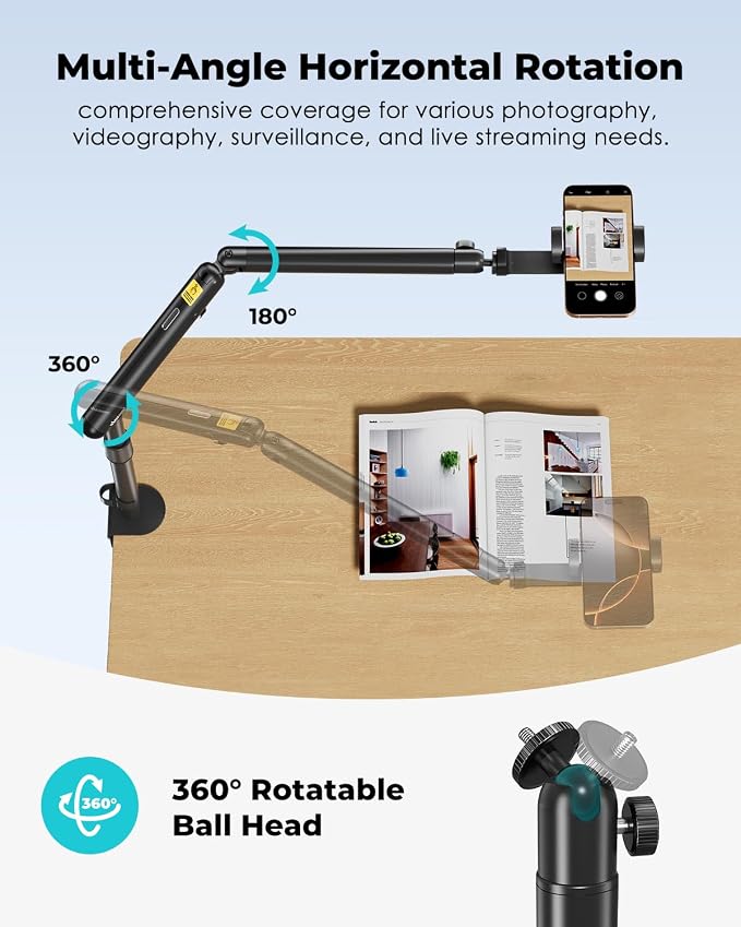 Viozon Overhead Camera Mount, Overhead Phone Stand, Flexible Aluminum Alloy Spring Arm with 360° Ball Head,1/4"&3/8" Interface for DSLR Camera/Rrojector/Microphone/Ring Light/Webcam/Phone - Image 5