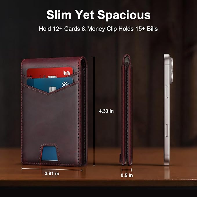 Slim Genuine Leather Wallet: Thin RFID Wallet 12+ Card Hold | Top Grain Leather Wallet with Magnetic Money Clip Inside - Minimalist Front Pocket Wallets - Gifts for Men with Gift Box - Image 8