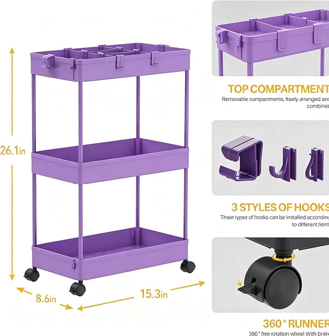Slim Storage Cart 3 Tier,Bathroom Organizer Rolling Utility,Mobile Shelving Unit Slide Out for Office, Kitchen, Laundry Room & Narrow Places,Purple - Image 2