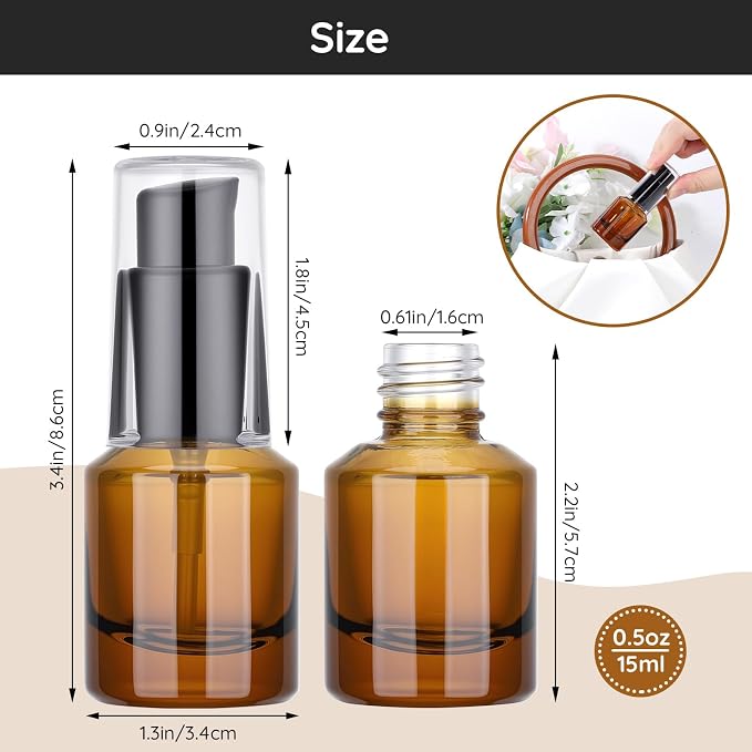 Segbeauty 0.5oz Empty Glass Refillable Travel Bottles, 5pcs Lotion Pump Bottle Dispenser, 15ml Amber Mini Empty Travel Size Bottles for Creams, Small Lotion Dispenser with Pump Liquid Container - Image 3