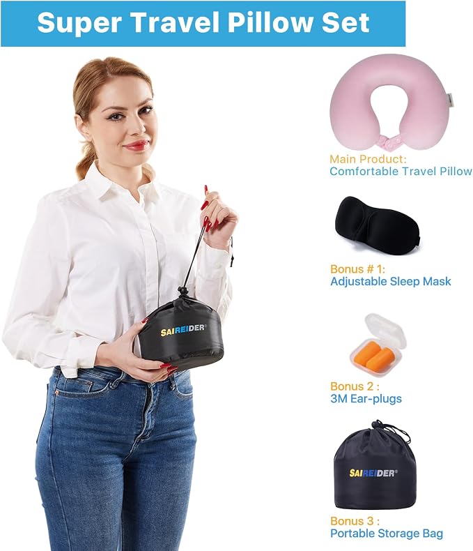 SAIREIDER Travel Neck Pillow 100% Memory Foam, Airplane Rest Prevents Head from Falling Forward, Plane Accessories with Storage Bag, Sleep Mask and Earplugs (Pink) - Image 7