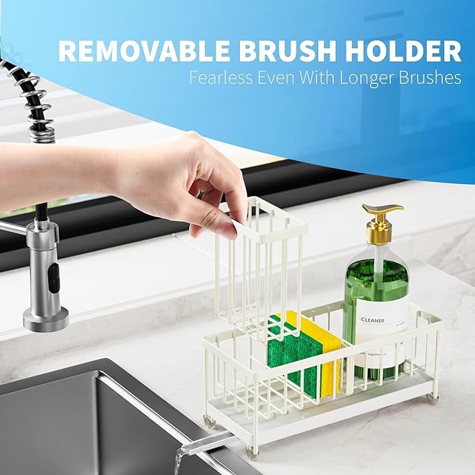 Cisily Sponge Holder for Kitchen Sink, Sink Caddy Organizer with High Brush Holder, Kitchen Countertop Organizers and Storage Essentials, Rustproof 304 Stainless Steel (Cream, 9.25″) - Image 5