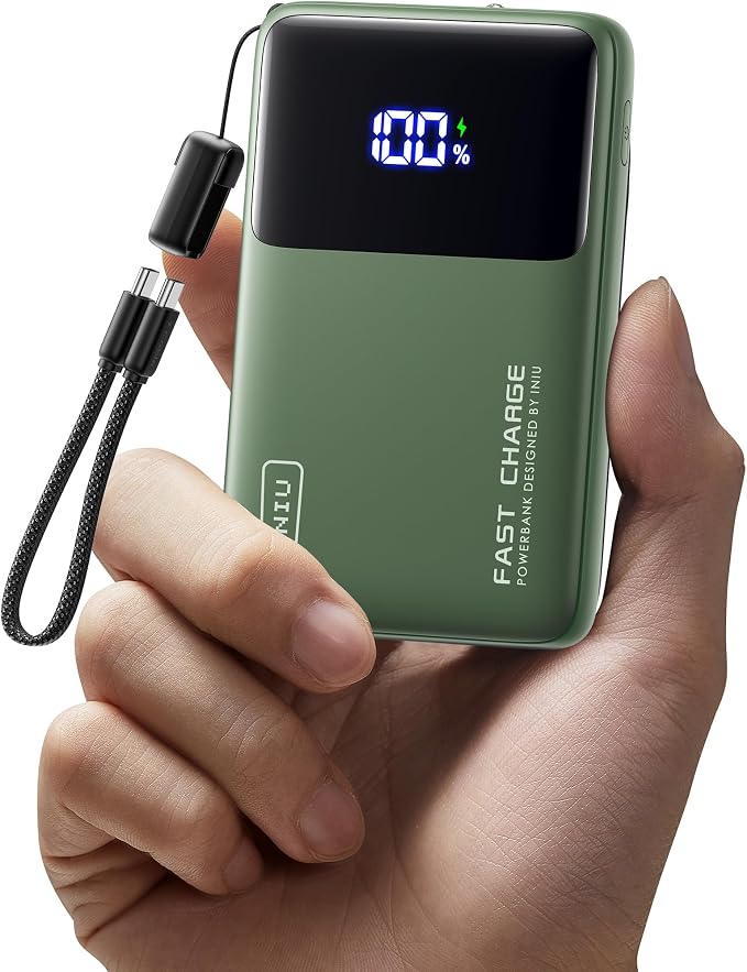 INIU Power Bank, Compact 10000mAh 45W PD Fast Charging Portable Charger | Detachable USB-C Cable, Stand, Flight-Safe, Travel, Flashlight, Battery Pack for iPhone 17 16, Samsung S26, iPad etc, Green by INIU