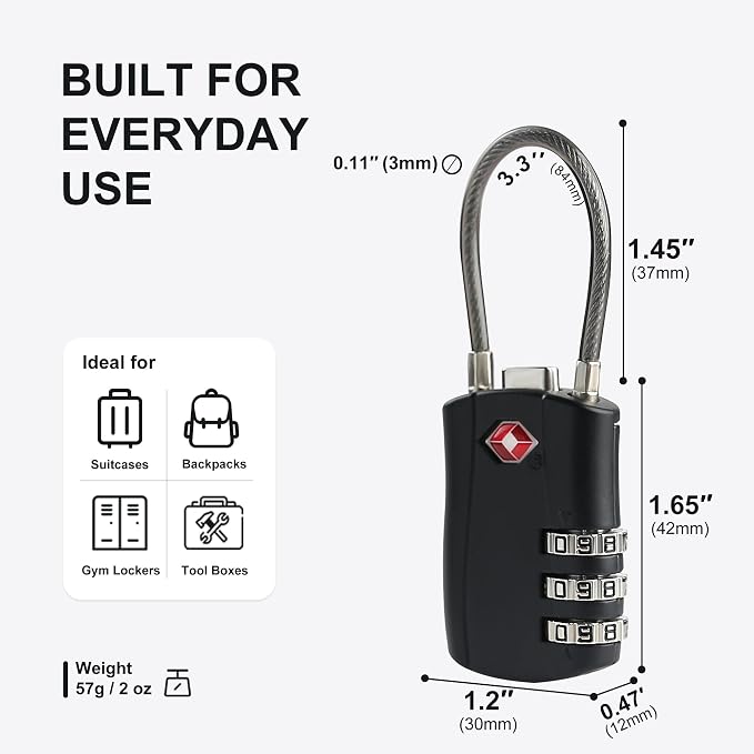 TSA Locks for Luggage, Small Padlock Combination with Cable, Luggage Locks TSA Approved, Combo Padlock with Code, for Travel Suitcase, Gym Locker, Gun Case, Backpack Zipper (Black) - Image 5