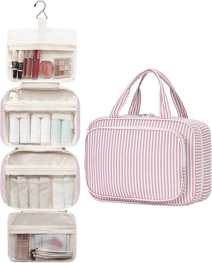 Narwey Striped Travel Toiletry Bag for Women Large Hanging Makeup Bag Organizer Toiletries Bag for Full Size Essentials Accessories Cosmetics (Dusty Pink Stripe (Large)) - Image 4