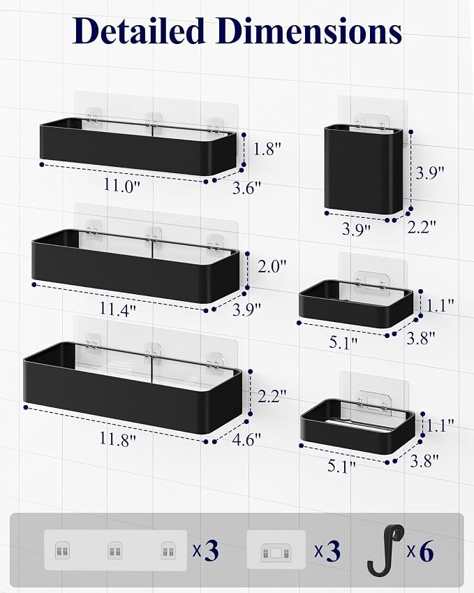 Kitsure Large Shower Caddy - Adhesive 6-Pack Bathroom Shelves, Black | No-Drilling Rustproof Shelves with Soap Holder, Toothbrush Holder, 6 Hooks, Stylish Bathroom Organizers and Storage Solution - Image 5