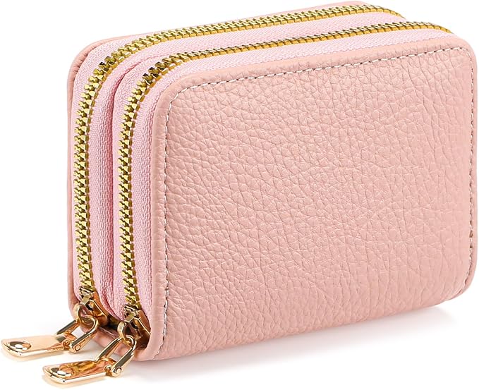 Credit Card Holder for Women Double Zipper Small Leather Card Case Wallet by FALANMULE
