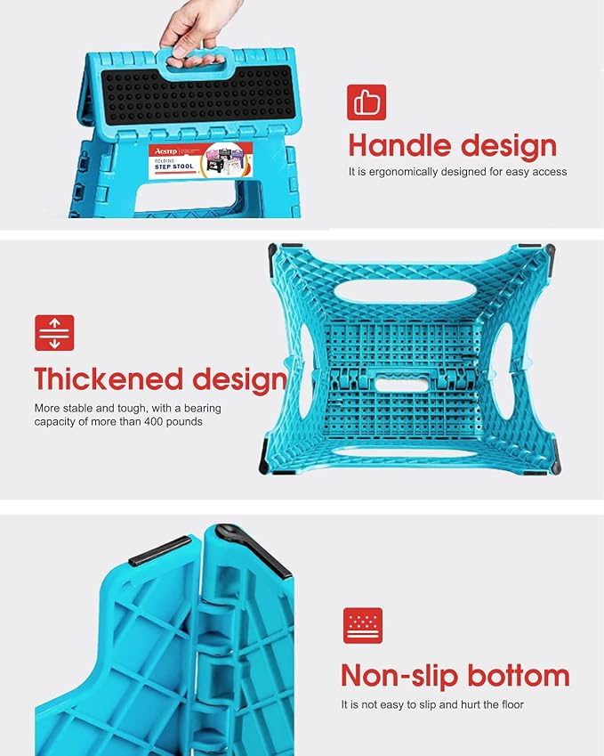 Folding Step Stool 9 Inch, Non-Slip Surface Stool for Kids, Dot Blue | Heavy Duty Foldable Stools, Lightweight, Holds 300 lb, for Toddler Kitchen Bathroom Bedroom Outdoor, Collapsible with Handle - Image 7