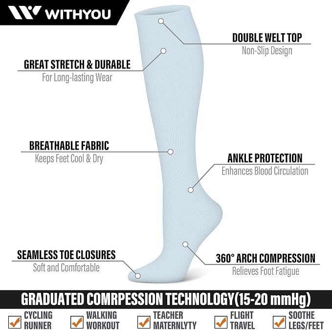 WITHYOU 3 Pairs Compression Socks for Women & Men 15-20 mmHg,Best Support for Nurses Running Hiking - Image 3