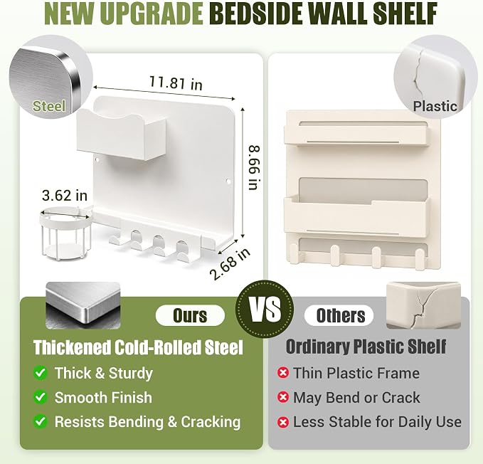 Floating Bedside Wall Shelf, Metal Bedside Wall Organizer with Detachable Cup Holder, No Drill Wall Mounted Storage for Bedroom, Dorm, Loft Bed, Bunk Bed & Small Space Organization - Image 2