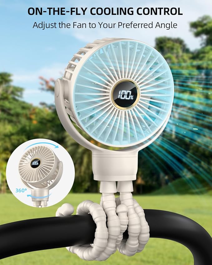 Portable Stroller Mini Fan, Small Rechargeable Personal Fan, Travel Essentials for Baby, Wagon, Car Seat, Treadmill, Battery Powered Biking Gear Accessories, 360° Rotation, 3-Speed, Display, Beige - Image 2