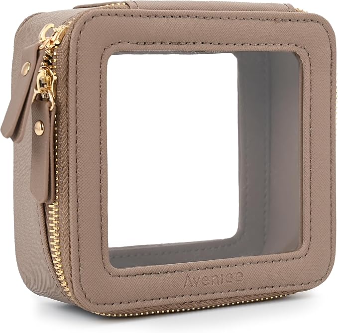 Aveniee Mini Clear Makeup Bag, Small Travel Toiletry Bag Cosmetic Bags TSA Approved, Clear Makeup Case Pouch with Zipper, Car Organizer Essentials for Women Men,Taupe by Aveniee