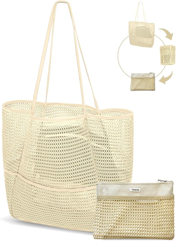 Mesh Beach Tote Bag for Women, 2-in-1 Large Lightweight Foldable Design | Packable into Matching Makeup Pouch | Multiple Pockets | Quick-Dry Sandproof Mesh | Beach, Pool, Travel, Shopping & Gym by Unknown