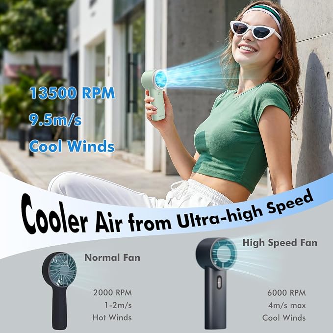 WHATOOK Portable Handheld Turbo Fan, 5 Speeds Mini Personal Fan with 4000mAh Rechargeable Battery, Small Pocket Fan for Travel Essentials, Beach, Office, Gifts for Women Men - Mint Green - Image 3