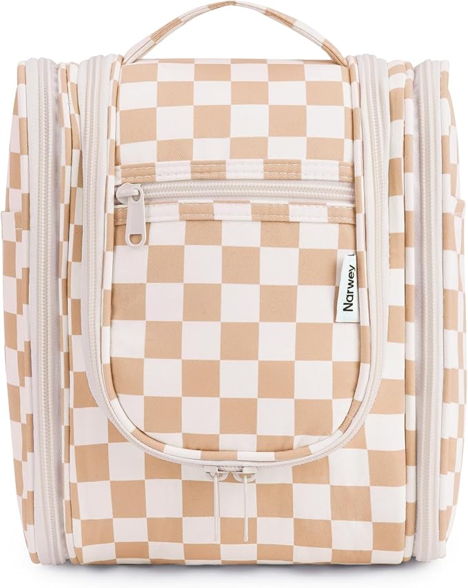 Narwey Small Checkered Hanging Travel Toiletry Bag for Women, Travel Bag for Toiletries, Makeup Bag Organizer Cosmetic Bags Make Up Bags for Women (Light Checkerboard) by Narwey