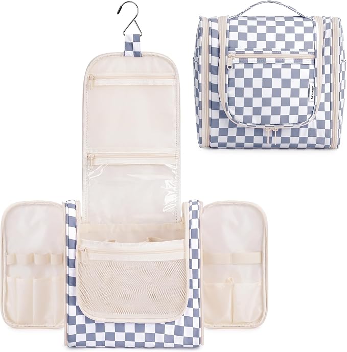 Narwey Checkered Hanging Travel Toiletry Bag for Women, Travel Bag for Toiletries, Makeup Bag Organizer Cosmetic Bags Make Up Bags for Women (Grayish Blue Checkerboard) by Narwey