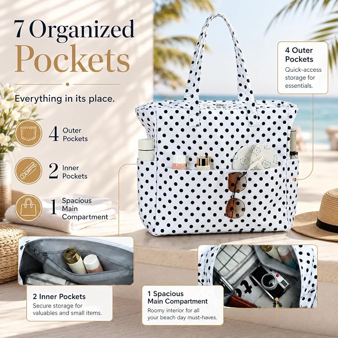 LEDAOU Beach Bag Waterproof Sandproof Women Beach Tote Pool Bag with Zipper for Swim Gym Grocery Travel with Wet Pocket | Sandproof - Image 9