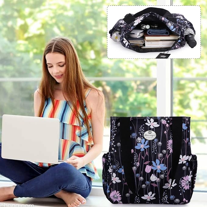 HUA ANGEL Floral Tote Bag - Casual Shoulder Bag Daily Tote Bag with Zipper Gym Travel Shopping Work Handbag for Women - Image 2