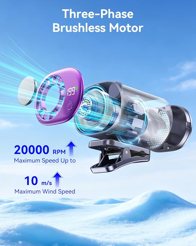 Clip-On Portable Fan with Ice Cooling, 20000 RPM Rechargeable Handheld Turbo Fan, 360° Rotating Detachable Clip, Mini Stroller Fan for Baby, Compact Travel Essentials, Summer Gifts for Women,Grey - Image 6