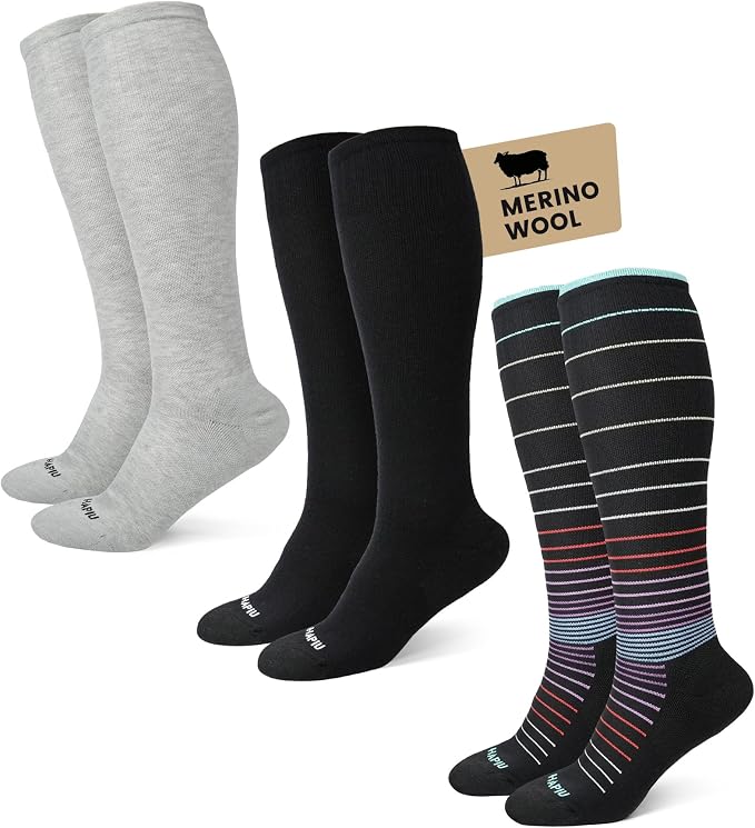 Merino Wool Easy On Compression Socks for Women & Men, 15-20 mmHg, Plus Size Knee High Stocking for Nurses, Pregnancy, Travel, Flight, Medias de Compresión Mujer by HAPIU