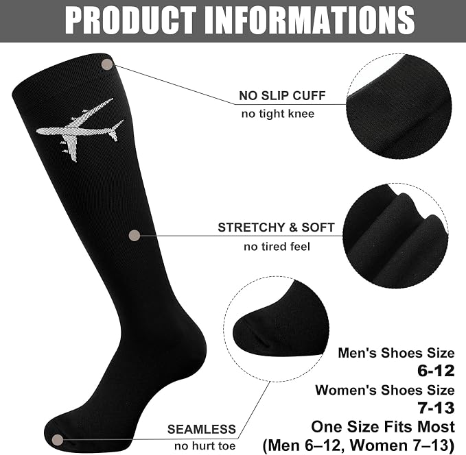 Skicuff 2 Pairs Travel Compression Socks for Women and Men 15-25 Mmhg Graduated Knee High Socks for Flying Airplane Pilots - Image 6