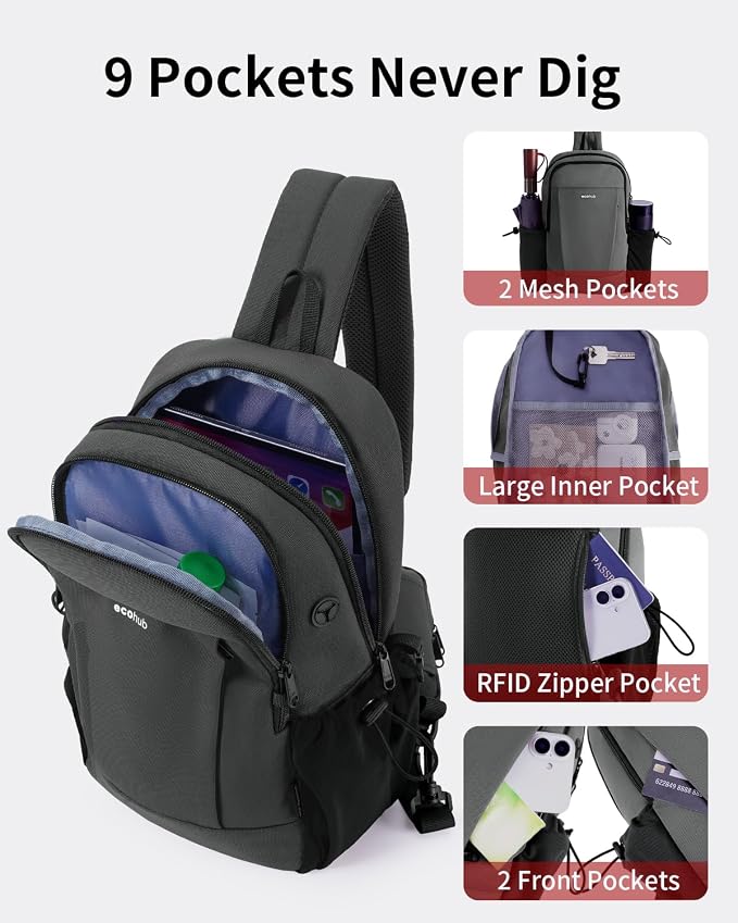 ECOHUB Anti-Theft Crossbody Bag Men Women RFID Blocking Lightweight Sling Backpack Water Resistant for Travel Hiking Outdoor - Image 7