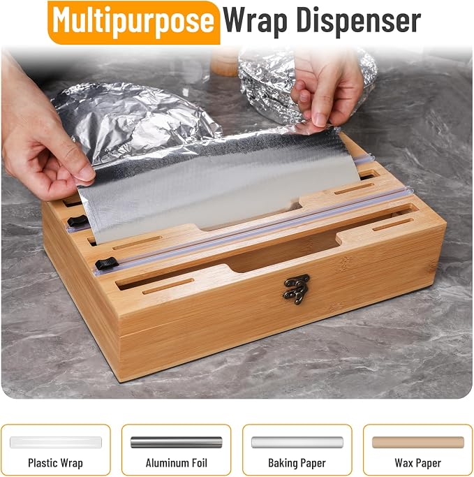 Allinside Magnetic Plastic Wrap Dispenser with Cutter, 3 in 1 Refrigerator Bamboo Wood Organizer for Tin Foil, Baking Paper, Wax Paper Holder Kitchen Storage Box Compatible with 12.9" Roll (3 Layer) - Image 4