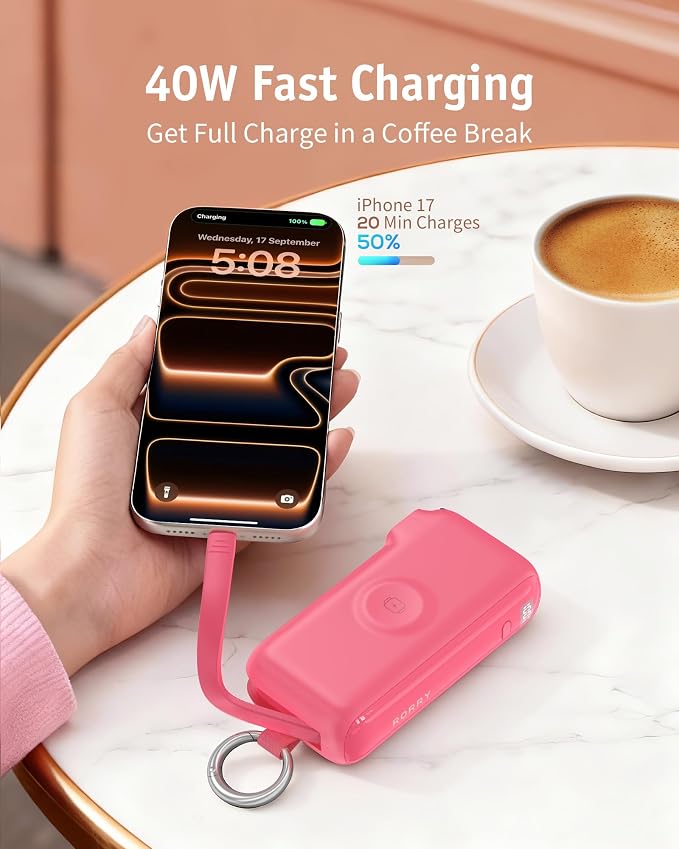 RORRY Flow Portable Charger 10000mAh 40W Wall Plug Power Bank Battery Pack | Built-in USB-C Cable, Keychain Design, Fast Charging, for iPhone 17/16/15, Apple Watch, iPad, 3-in-1, Travel Essential - Image 4