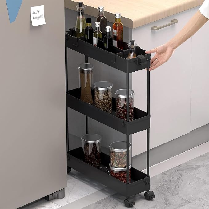 2-piece Set Slim Storage Cart 3 Tier,Bathroom Organizer Rolling Utility,Mobile Shelving Unit Slide Out for Office, Kitchen, Laundry Room & Narrow Places - Image 4