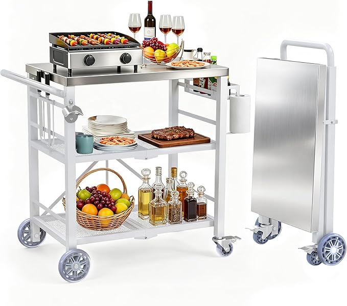 Semoprus Folding Grill Table with Storage Rack, Stainless Steel Grill Cart | 3 Shelf, Portable, Waterproof, Sturdy, Griddle Stand Fit 17 & 22 inch and Ninja, Camping Kitchen Station, Easy Assembly by Semoprus