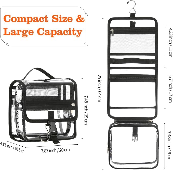 Clear Toiletry Bag with TSA Liquids Travel Bag, Hanging Travel Transparent Makeup Cosmetic Organizer, Waterproof Carry On Airline 3-1-1 Compliant Bag Quart Sized Luggage Pouch (Black-Clear) - Image 2