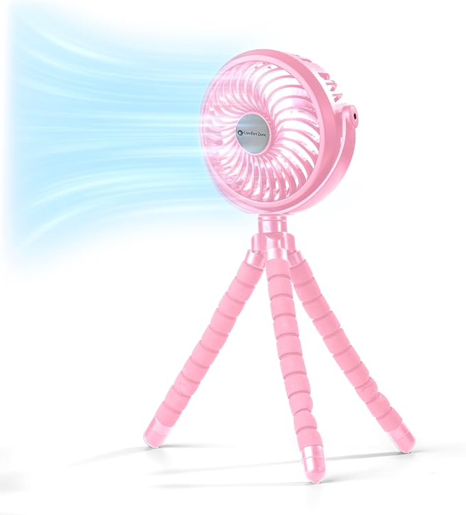 Comfort Zone Portable Stroller Fan, Pink | Rechargeable Battery Operated, Clip-On with 360° Flexible Tripod, LED Light, 3-Speed Cooling by ComfortZone
